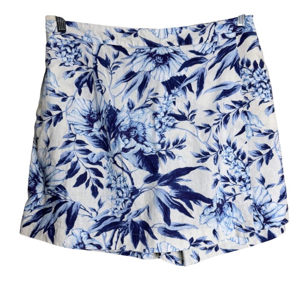 Ellen Tracy Skort Floral Linen Blend Granny Resort Size L Blue White Pockets